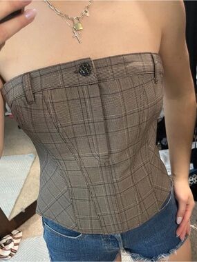 Zara Brown Plaid Strapless Corset Top
